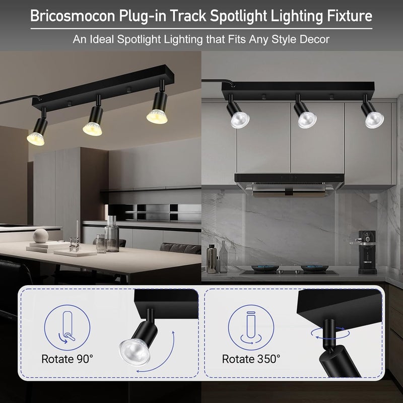 Bricosmocon Plug-in Track Lighting, LED Track Lighting Fixtures Ceiling Kit, 16" Black Plug in Wall Light with 14.8ft Cord, 3-Light Ceiling Spotlight,Rotatable Kitchen Light Head for Bedroom Hallway(GU10,NO Bulb) - Image 3